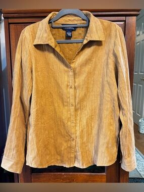 Denim&Co Corduroy Like Button-Down Shirt - Camel Tan size Medium